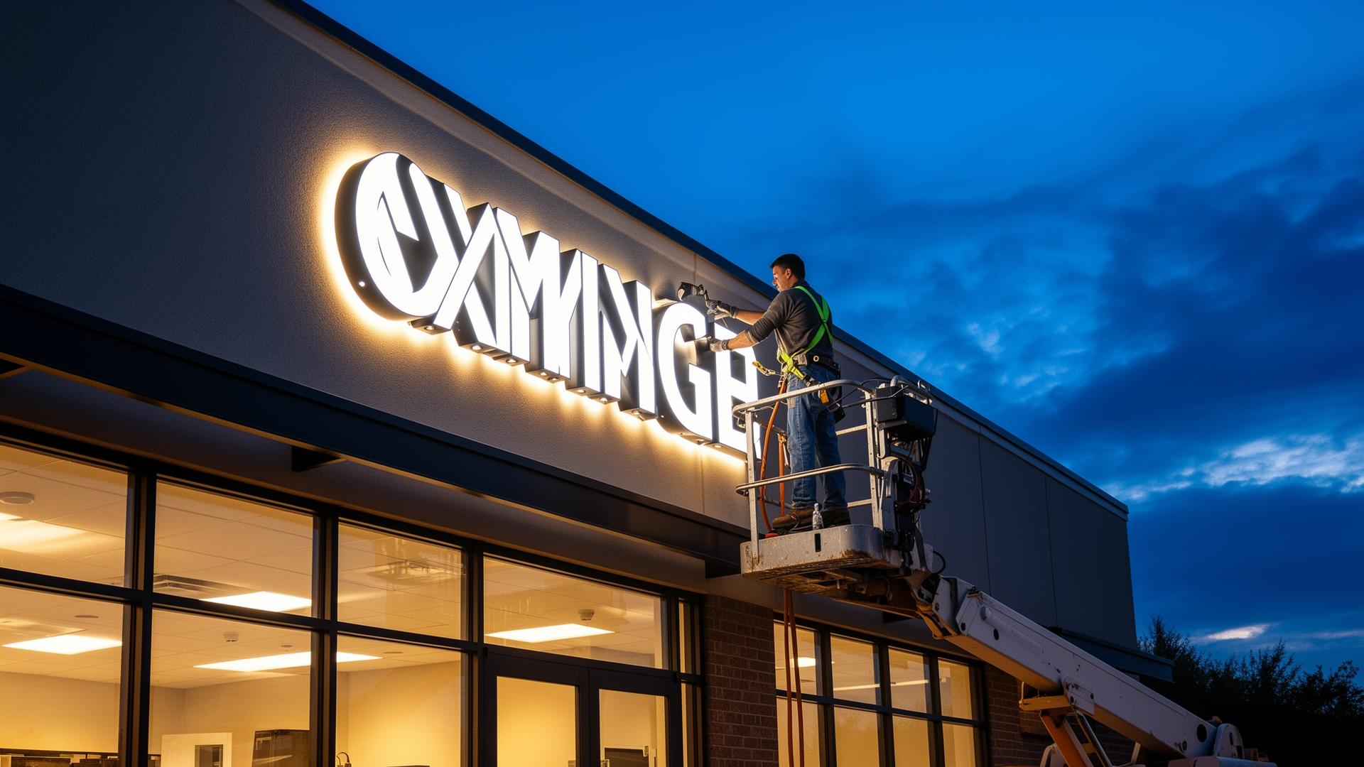 Sign technician installing illuminated channel-letter sign at dusk