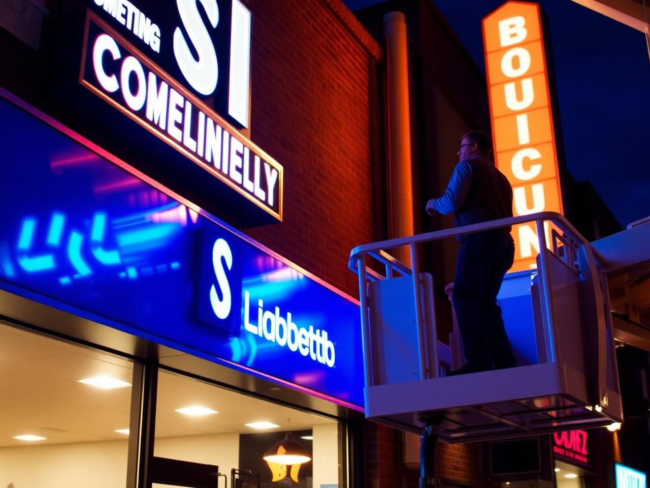 Technician inspecting illuminated signs at dusk