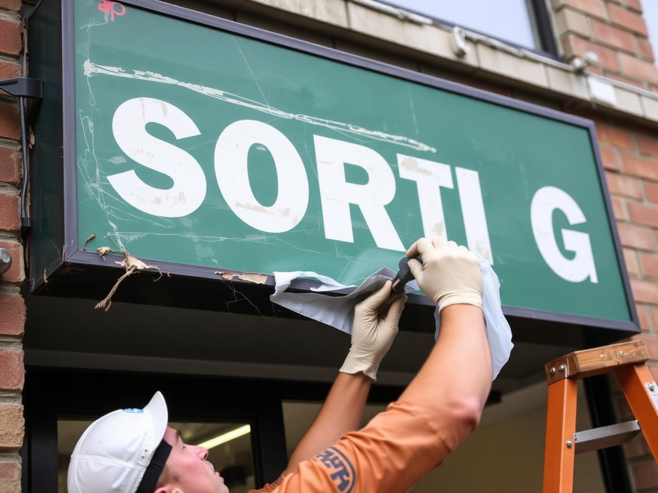 Worker stripping old vinyl lettering off a storefront sign